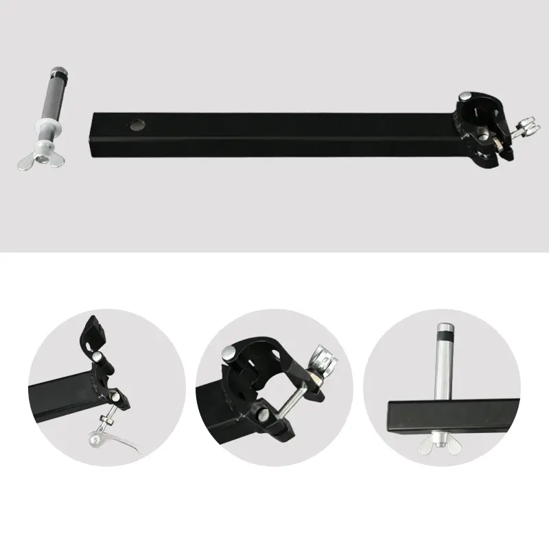 Multi-angle view of black powder-coated aluminum bracket with quick-release clamp and threaded connectors