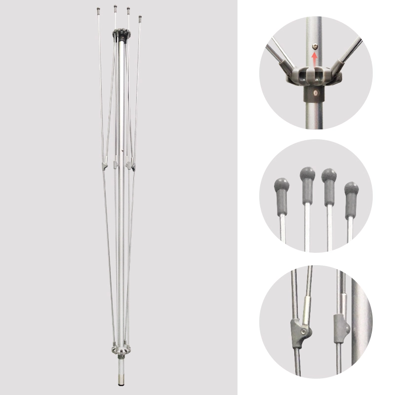 Burgundy Banner TDG95125 adjustable flagpole system: red directional markers, gray spherical connectors, and multi-joint assembly hardware for rapid setup.