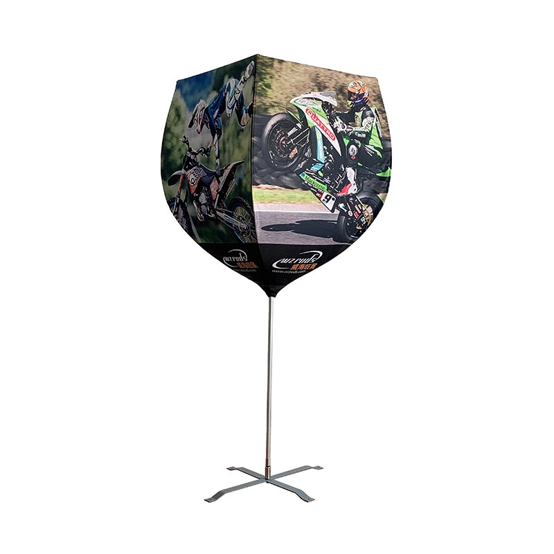 Burgundy Banner motorcycle-themed display on metal cross-shaped base, dynamic racing visuals printed on black fabric. Silver alloy pole with adjustable height.