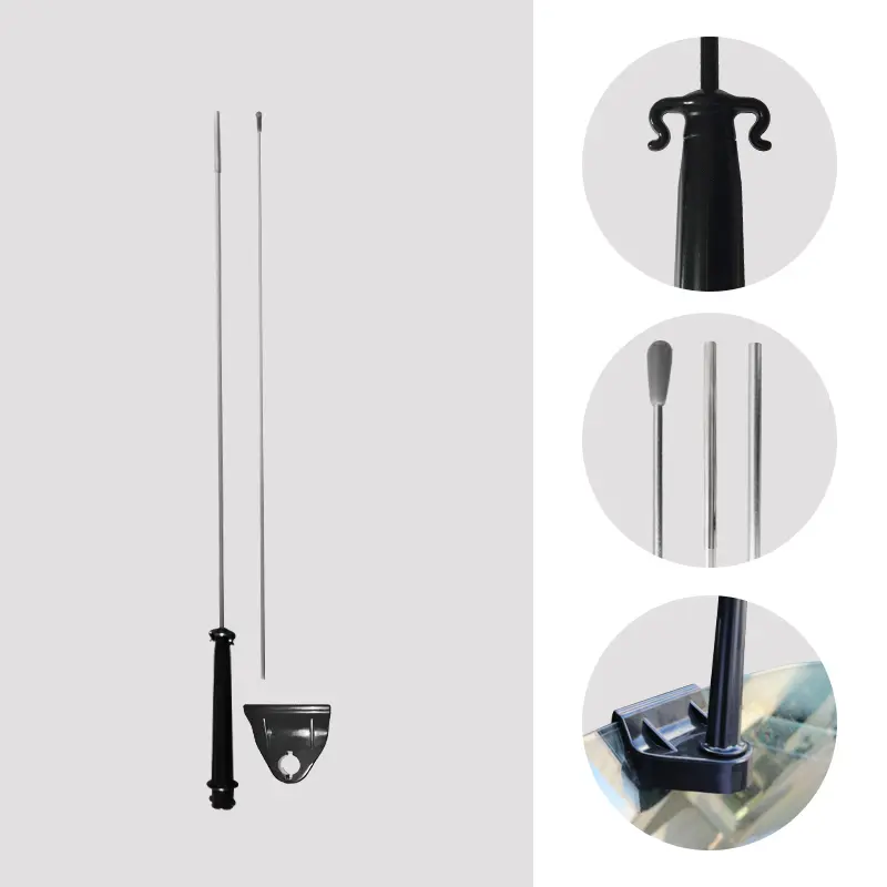 Patented rotation system components: Metal rods with black handles, pointed tips, and black plastic brackets featuring 360-degree rotation mechanism, detailed in three close-up insets showing hook attachments and window clip assembly