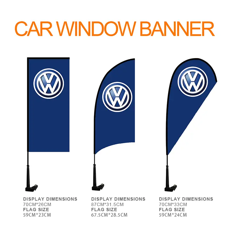 Three Volkswagen car window flags: rectangle, arc, feather shapes with size labels.