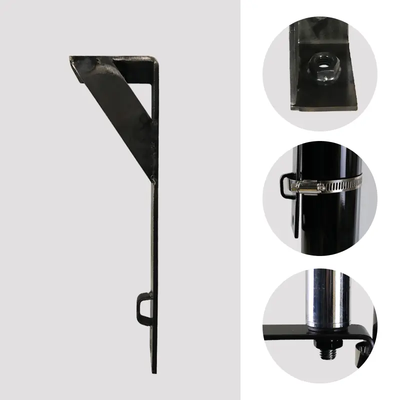 LDG-8 flag bracket components: Bolt fastening system, hose clamp connection, and threaded hook | Close-up of rust-resistant black coating