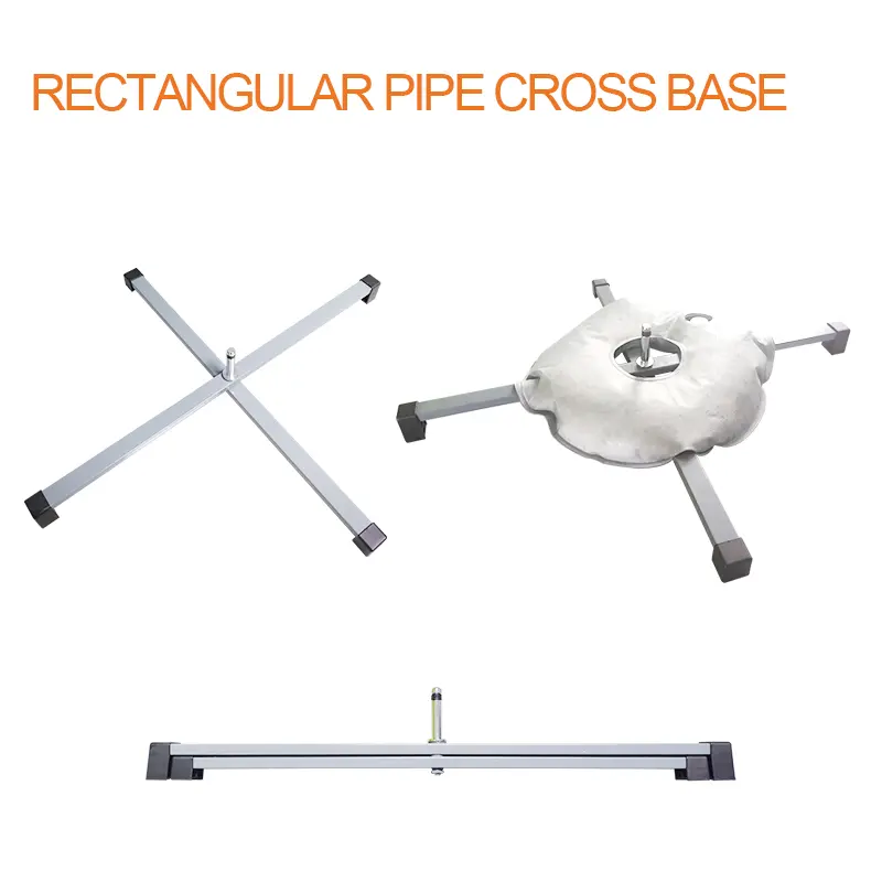 Low-profile rectangular steel pipe cross base, 78cm width with C-ring shaft for compact storage and wind rotation