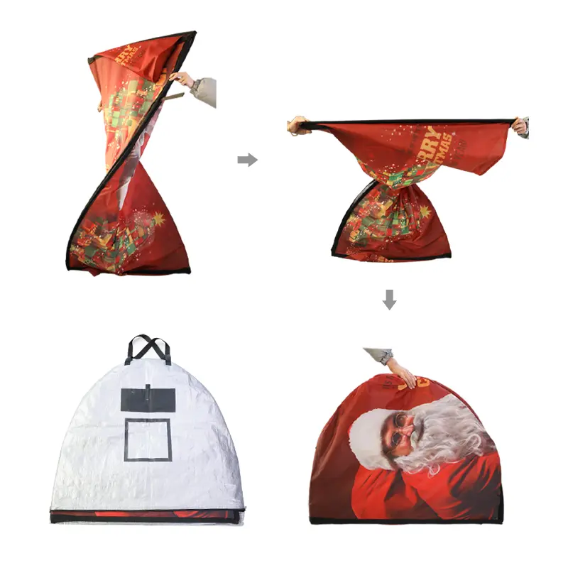 Collapsible Christmas-themed tent with “Merry Christmas” design, shown in folded (white cover with handles) and expanded (red Santa motif) configurations for seasonal outdoor events.