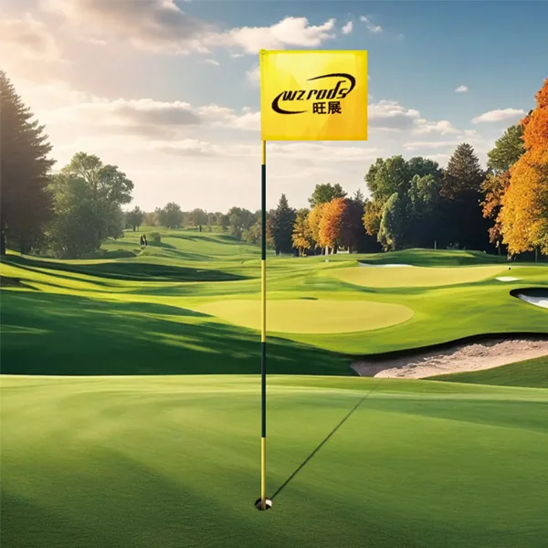 Custom WZRODS golf flag pin with 'wisezone' logo on green grass – lightweight fiberglass pole with vivid flag