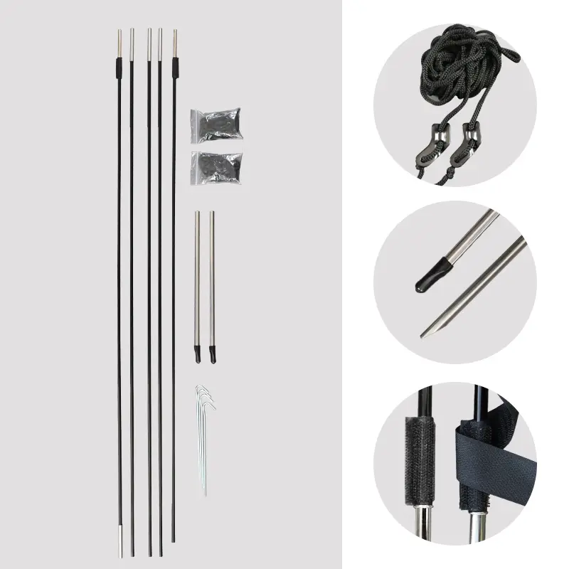 Modular assembly components: Black composite fiber poles, metal connectors, wind-resistant hooks, and adjustable straps with Velcro fasteners, highlighting durable construction and easy setup for outdoor events.