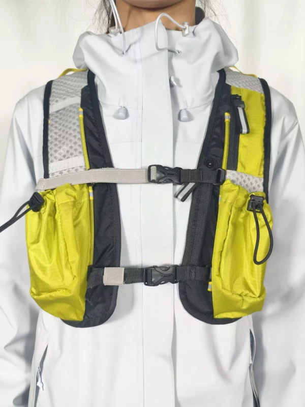 back view Back view:Yellow pacer flag backpack with adjustable straps, mesh ventilation, and side storage pockets for outdoor activities