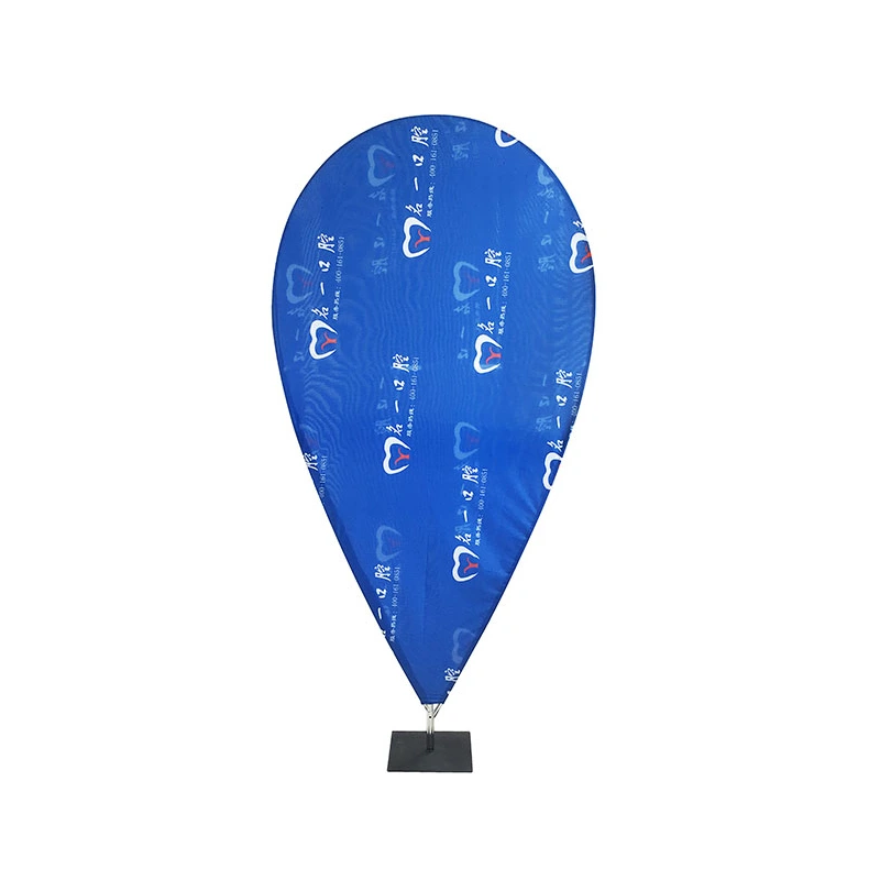 Blue teardrop-shaped dental banner , mounted on black square base