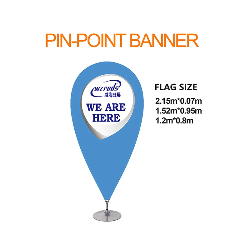 Blue pin-point banner , showing three sizes: 2.15m*1.07m, 1.52m*0.95m, 1.2m*0.8m on silver base