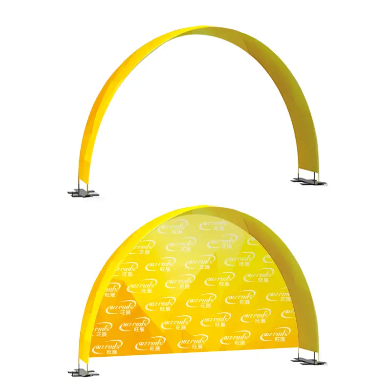 Semi-circular yellow event arch with “旺展WZRODS” branding, reinforced metal base, and weather-resistant fabric for outdoor advertising