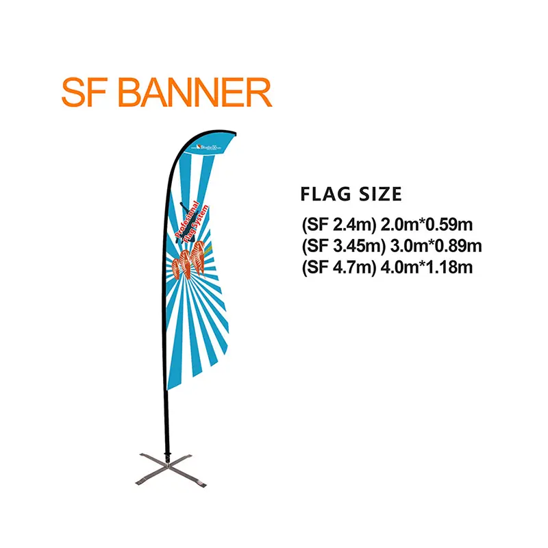 SF BANNER Shark Fin Flag in vibrant blue and white design, mounted on a black carbon composite pole with a silver X-shaped base. The image highlights three flag sizes: SF 2.4m (2.0m × 0.59m), SF 3.45m (3.0m × 0.89m), and SF 4.7m (4.0m × 1.18m), ideal for outdoor advertising and events.