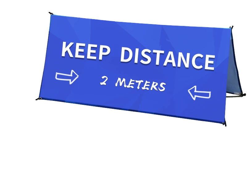 Blue sideline spider a frame banner displaying 'KEEP DISTANCE 2 METERS' for social distancing, in a simple design.
