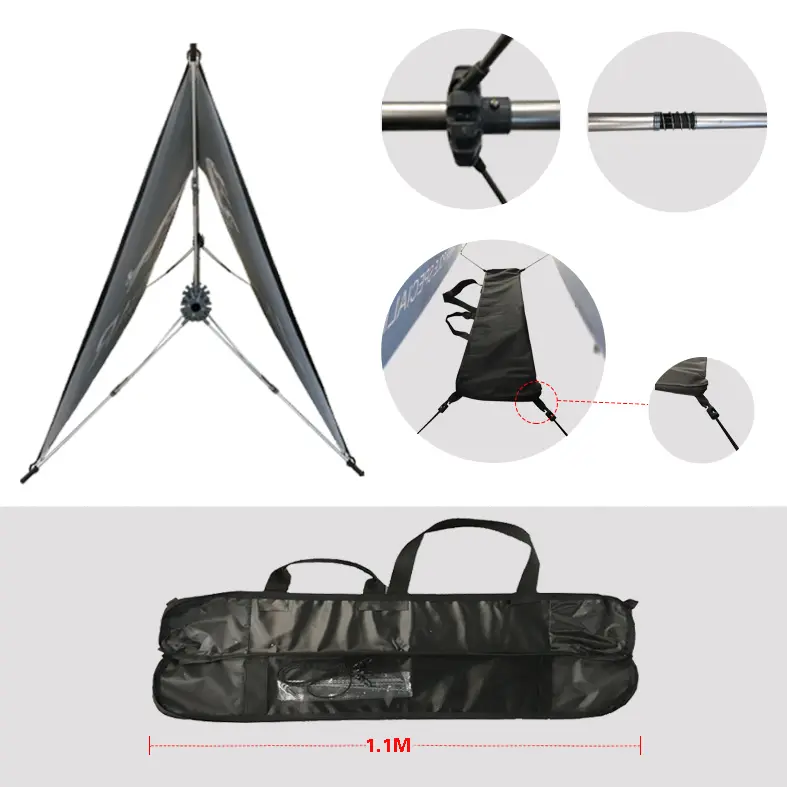 Portable A-frame structure with metal joints, adjustable knobs, and 1.1m black Oxford carry bag for sports fields and outdoor advertising.
