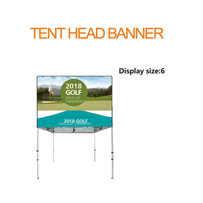 Close-up of tool-free clamp system securing Size 6 Tent Head Banner displaying “2018 GOLF GOLD CUP TOURNAMENT” text over golf course scenery with flags and trees
