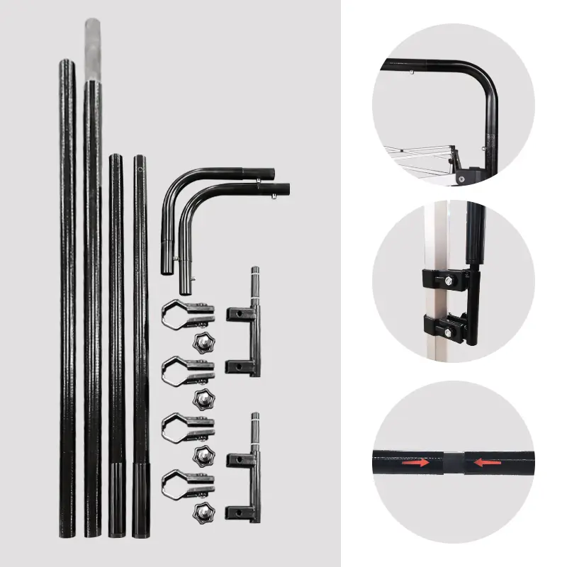 Modular tent banner components: Curved black carbon pole connections, tool-free clamps with adjustment screws, and red directional arrows showing assembly process
