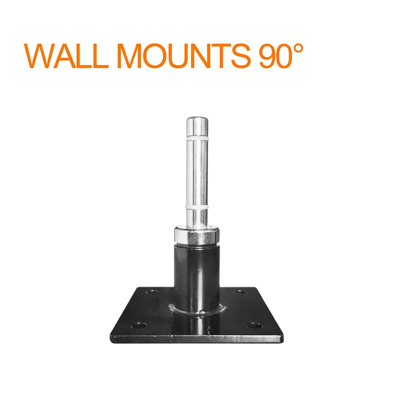 Vertical 90° Wall Flag Mount - Square black iron base with vertical pole, reinforced rubber collar and four anchor points, floor-to-wall bracket model DF-1