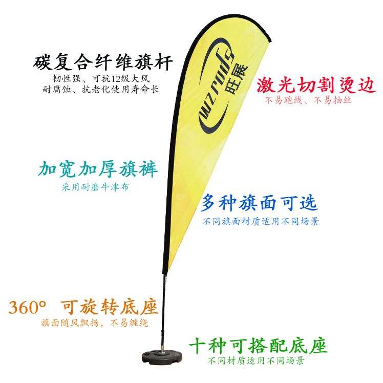 碳纤维广告旗杆源头供应|耐腐蚀抗老化户外广告全场景解决方案 羽毛旗,威海旺展碳复合纤维旗杆源头厂家实拍:激光烫边耐磨牛津布旗裤+十种地形适配底座系统(含旋转防缠绕设计)