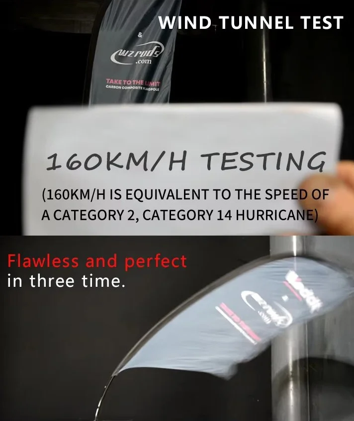 WZRODS fin flag pole undergoing rigorous 160 km/h wind tunnel testing for proven durability.