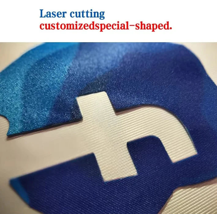 Corte laser personalizado em tecido azul criando formas especiais (serviço sob demanda WZRODS)