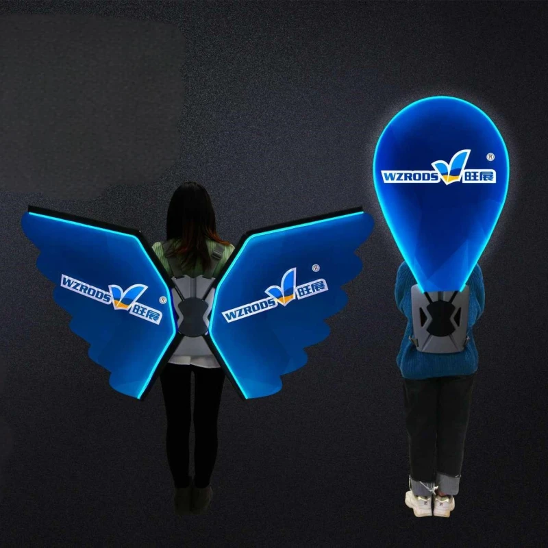 Wzrods 2025 LED backpack flags with wing and balloon designs, showcasing smart tech and innovative mobile advertising