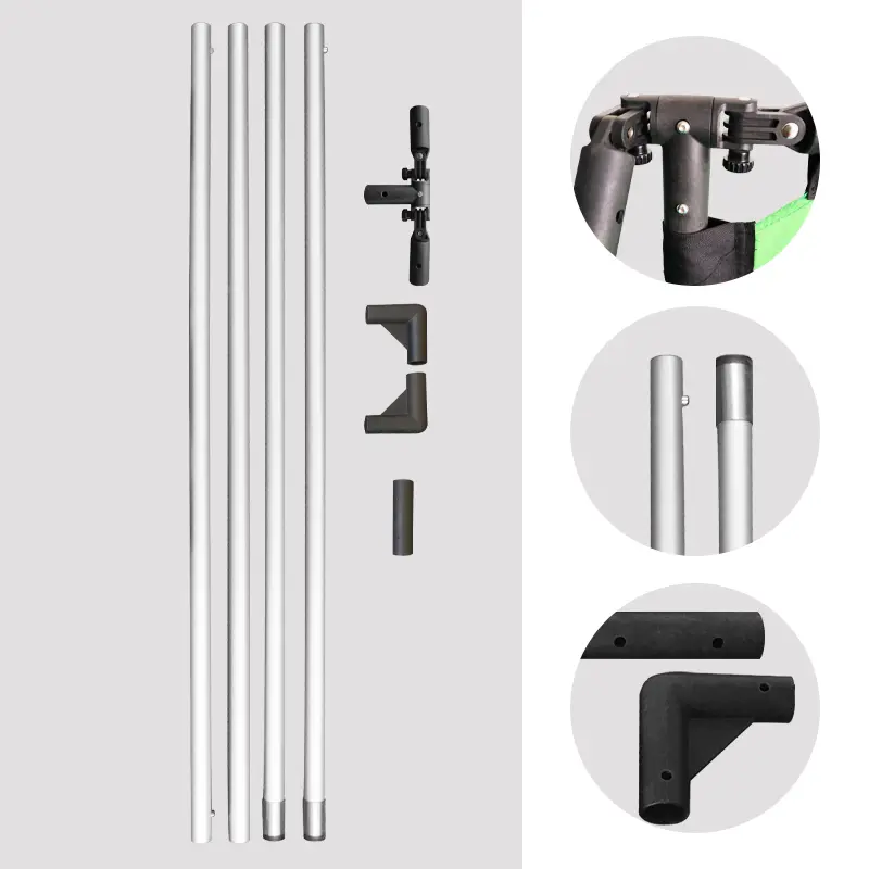 BS1000 modular barrier system components: Silver composite fiber tubes and black injection-molded connectors with multi-angle assembly diagrams for framework construction