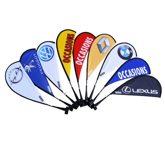 Car window flag with carbon fiber flagpole gallery 9 Seven teardrop-shaped car flags in a fan display with multicolored designs.