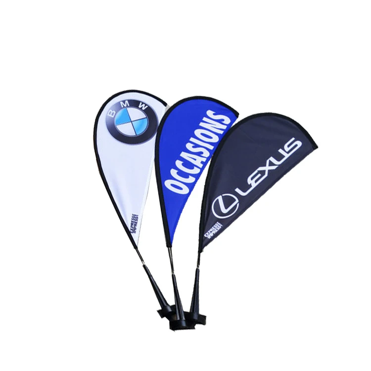 Car window flag with carbon fiber flagpole gallery 11 Three brand-themed car flags: white, blue, and black with contrasting logos.