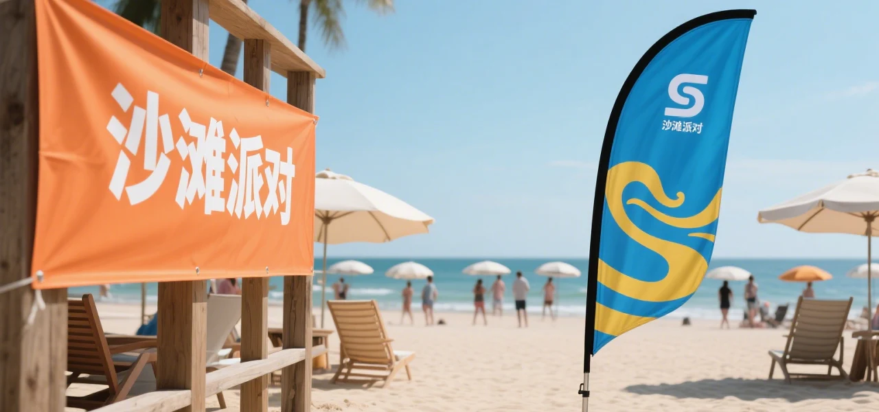Traditional banner vs dynamic fin flag comparison at a vibrant beach party event
