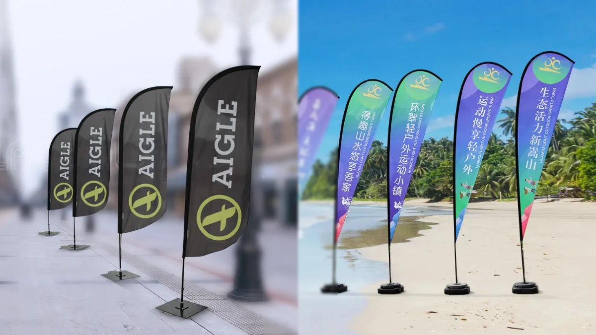 Blade Flags vs Teardrop Flags outdoor comparison at event