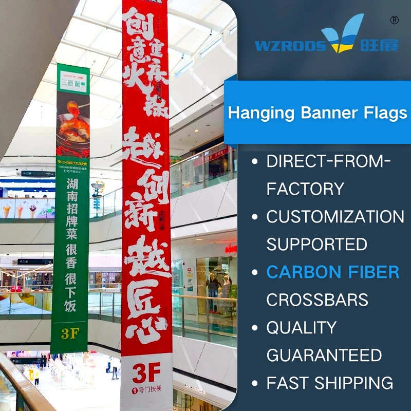 Red & green restaurant hanging banner flags in mall with WZRODS logo, promoting Creative Hotpot & Hunan cuisine