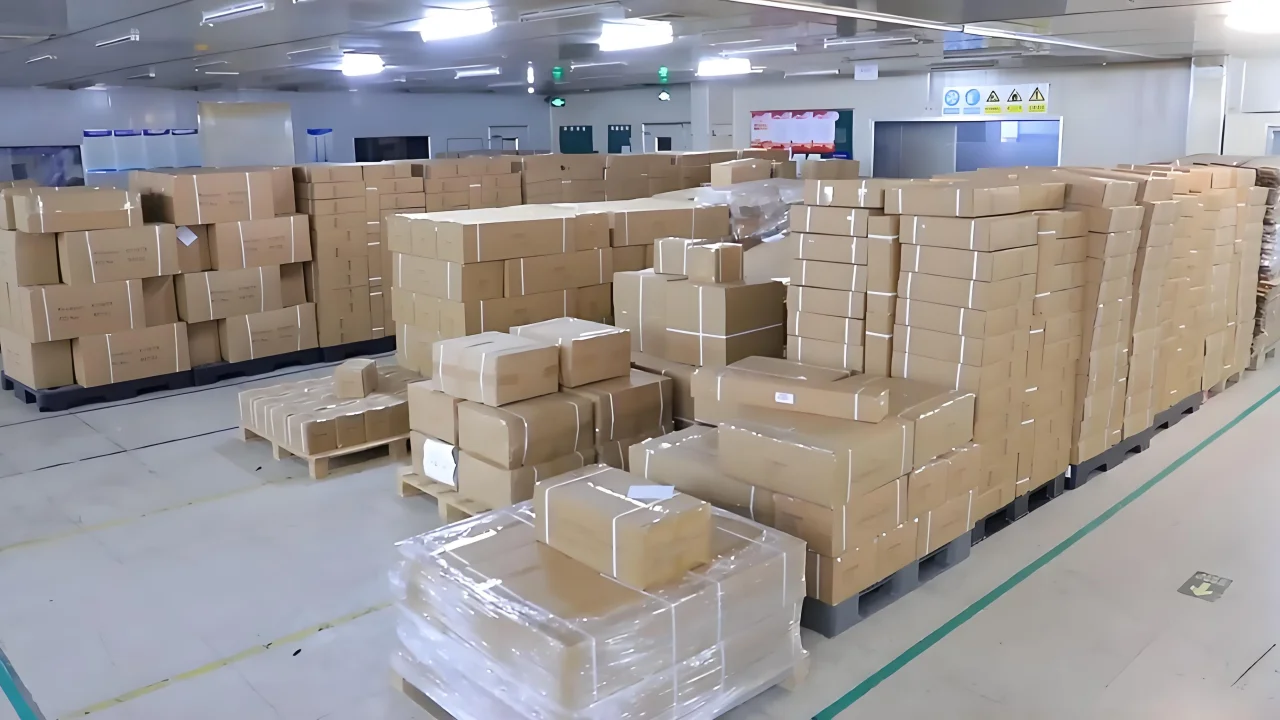 WZRODS warehouse with pallets of packaged custom flags ready for global shipping and fast delivery.