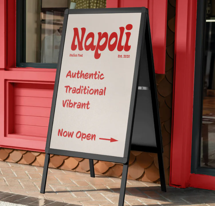 Traditional static A-frame sign for Napoli Italian restaurant on a street.